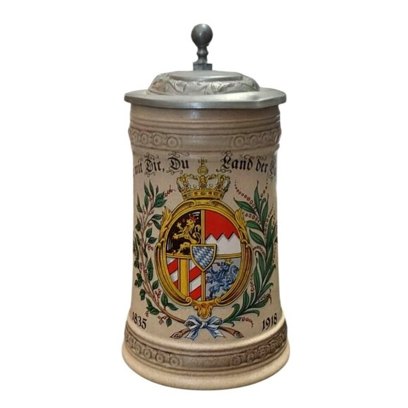 Alwe German Beer Stein Mug Pewter Lid 1835-1918 Bavaria Lion Crest Vintage - Picture 2 of 9